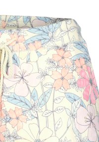 Värikkäät collegehousut, joissa kukkakuosi vaaleanpunaisilla, sinisillä ja norsunluun sävyillä. Niissä on kiristysnyöri vyötäröllä ja kevyt, pehmeä kangas.