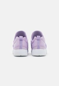 Purple sneakers with a smooth fabric upper, mesh accents, and white rubber soles. Features a pull tab at the heel for easy wear.