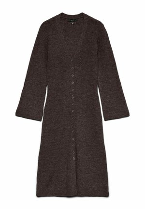 Long, dark brown cardigan made of textured fabric; features a deep V-neck, 3/4 sleeves, and a row of buttons down the front.