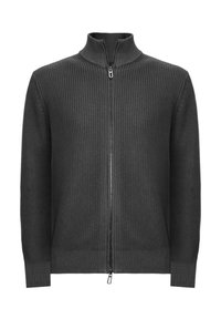 Maglione grigio scuro lavorato a maglia con cerniera e collo alto, caratterizzato da una texture a coste. Presenta una cerniera frontale e un design minimalista.