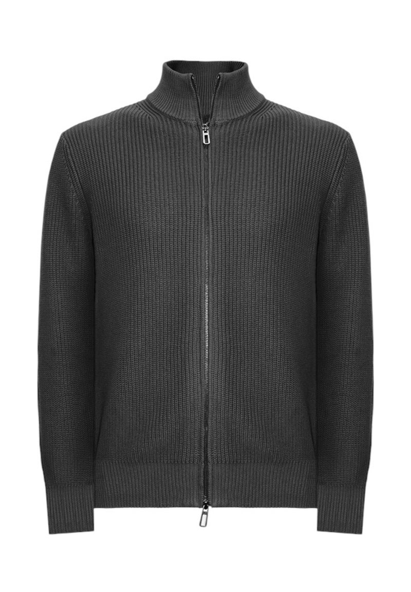 Maglione grigio scuro lavorato a maglia con cerniera e collo alto, caratterizzato da una texture a coste. Presenta una cerniera frontale e un design minimalista.