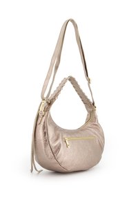 Metallic gold handbag with a curved shape, soft texture, braided strap detail, and a front zip pocket. Features gold hardware accents.