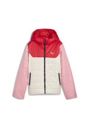 V gepolsterte Jacke mit einer roten Kapuze und Oberkörper, rosafarbenen Ärmeln und cremefarbenen unteren Teilen. Verfügt über einen durchgehenden Frontreißverschluss und zwei Seitentaschen.