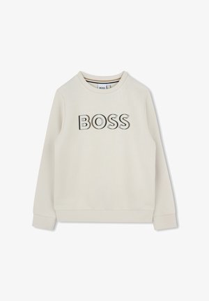 Lichtbeige sweatshirt met een ronde hals, lange mouwen en een contrasterend "BOSS" logo in zwart en grijs op de voorkant. Textuurstof.