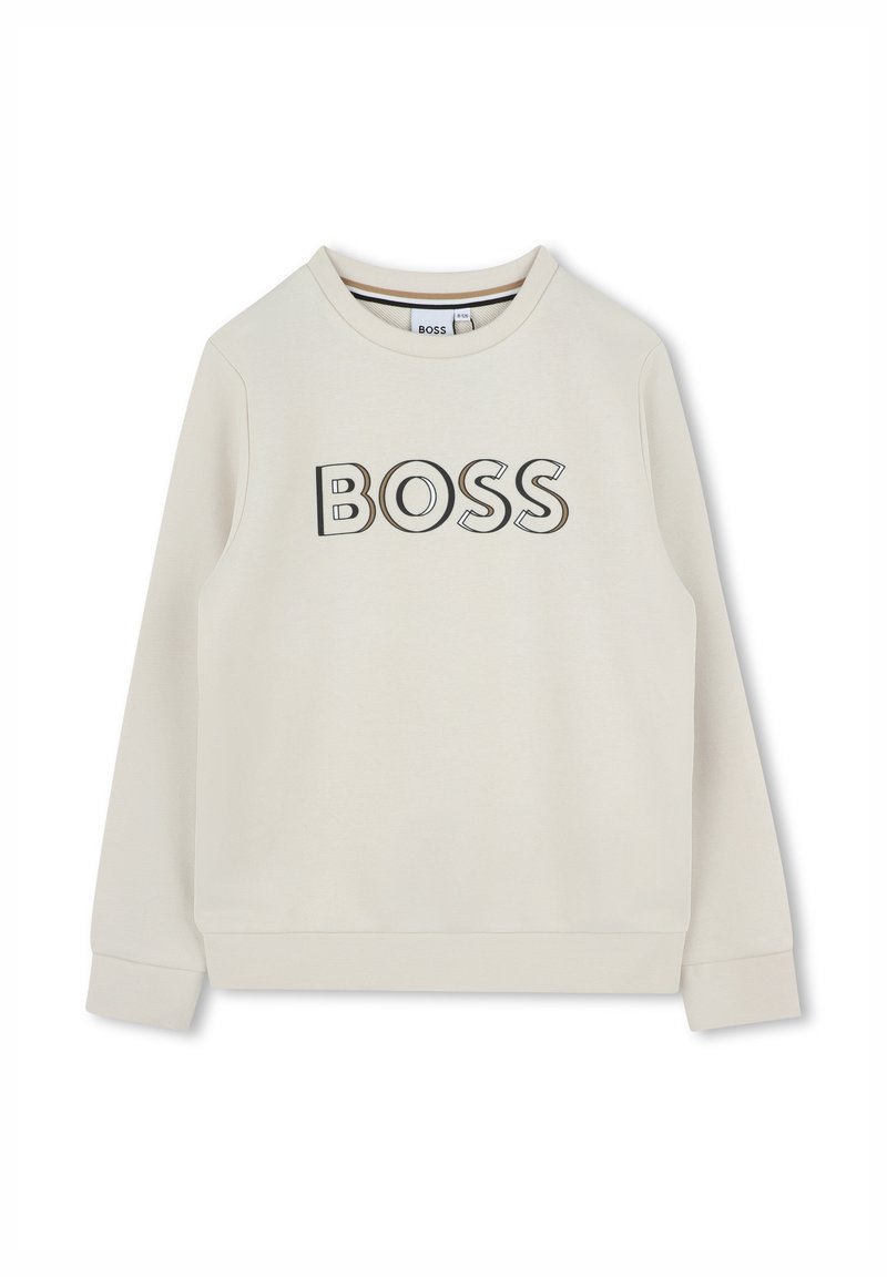 Sweatshirt beige clair avec un col rond, des manches longues et un logo "BOSS" contrastant en noir et gris sur le devant. Tissu texturé.