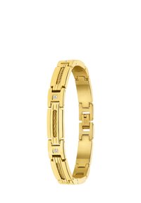 Gold-tone bracelet featuring alternating smooth and textured segments, with a thin cable accent and a small diamond-like stone detail.