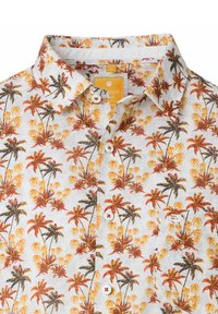 Korte mouw blouse van witte linnen, met een kleurrijk palmbomenpatroon in oranje, geel en groen. Met een knopenkraag en witte knopen.