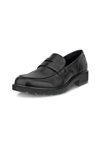 Sorte skinnloafers med glatt overflate, med en dekorativ stropp og teksturert såle, plassert mot en hvit bakgrunn.