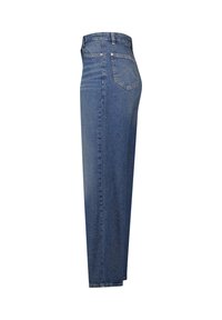 Blue high-waisted jeans made of denim with straight legs. Features a single back pocket with a decorative seam and a zipper fly.