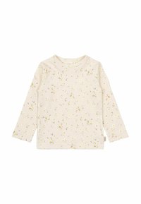 Vaalean beige pitkähihaisessa paidassa on keltainen ja purppura kukkakuosi. Valmistettu pehmeästä kankaasta, jossa on pyöreä pääntie ja suora leikkaus.