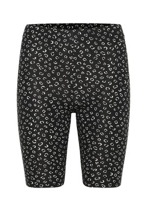 Svarta cykelbyxor med ett leopardmönster i vitt, med en slät yta och ett elastiskt midjeband för komfort.