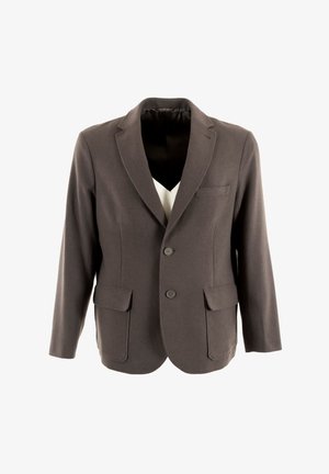Siv blazer z dvema gumboma, s povešenim reverjem, sprednjimi žepi in gladko teksturo. Notranja obloga je črna.