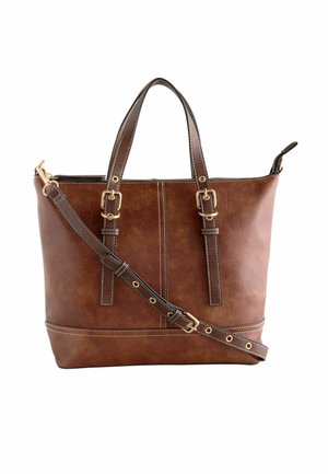 Braune Ledertasche mit zwei Griffen und einem abnehmbaren Schultergurt. Verfügt über goldene Beschläge, sichtbare Nähte und ein strukturiertes Design.
