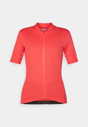 Kurzarm-Radsporttrikot in lebhaftem Korallenrot. Verfügt über einen Reißverschluss vorne, strukturierten Stoff und dezente Logodetails. Sitzt eng an der Taille.