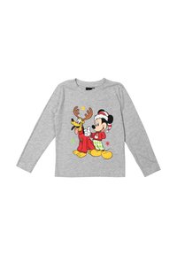 Maglietta grigia a maniche lunghe con una stampa di un cane dei cartoni animati con corna e un topo in abbigliamento festivo, evidenziata da stelle colorate.