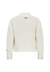 Maglione bianco lavorato a maglia con un motivo testurizzato, polsini e orlo a coste. Presenta un colletto arrotondato e una piccola etichetta del marchio sul retro.