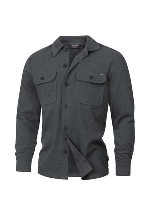 Tamno siva košulja na dugih rukava od mekog materijala, s dva džepa na prsima i klasičnim dizajnom ovratnika.