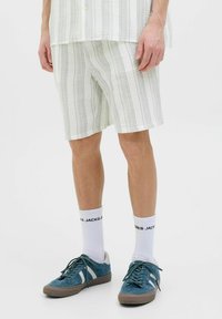 Shorts a rayas verdes claros y blancos, hechos de una tela texturizada, combinados con zapatos azules y calcetines blancos con marca negra.