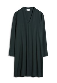 Robe longue manches vert foncé avec col en V et coupe ample, présentée sur fond blanc.