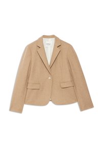 Bež blazer od vune s mješavinom tkanine, prilagođenog kroja, s reverima, zatvaranjem na jedan gumb i dva prednja džepa. Glatka tekstura i jasna dizajn.