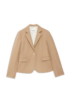 Beige wool blend blazer with a tailored fit, notched lapels, single button closure, and two front pockets. Smooth texture and clean design.