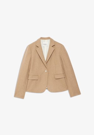 Beige wool blend blazer with a tailored fit, notched lapels, single button closure, and two front pockets. Smooth texture and clean design.