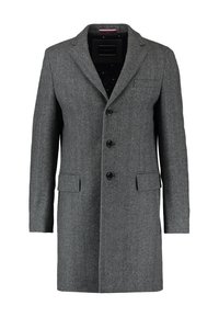 Abrigo de lana gris de tres botones para hombre con solapa de muesca, bolsillos de solapa y bolsillo en el pecho, mostrado de frente sobre un fondo blanco.