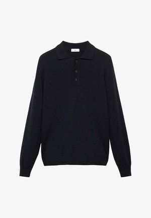 Marineblå langærmet polo-sweater lavet af strikket stof, med klassisk krave, tre-knaps placket og ribbede manchetter.