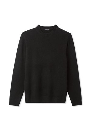 Maglione nero a maglia, con collo rotondo, maniche lunghe, realizzato in un tessuto morbido con una finitura testurizzata. Design semplice e classico con polsini e orlo a coste.