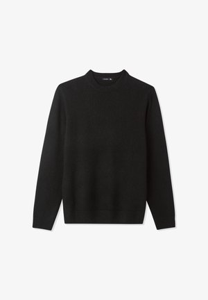 Maglione nero a maglia, con collo rotondo, maniche lunghe, realizzato in un tessuto morbido con una finitura testurizzata. Design semplice e classico con polsini e orlo a coste.