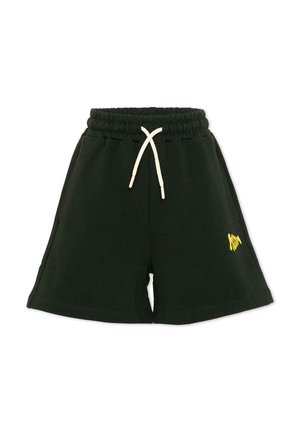 Zwarte katoenen shorts met elastische tailleband en witte trekkoord, met een klein geel logo op het linkerbeen.