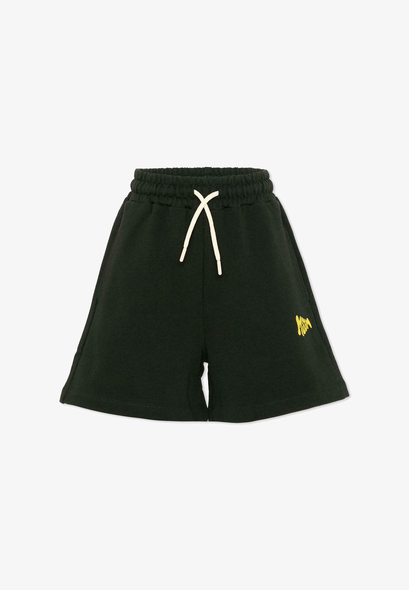 Shorts en coton noir avec ceinture élastique et cordon blanc, arborant un petit logo jaune sur la jambe gauche.