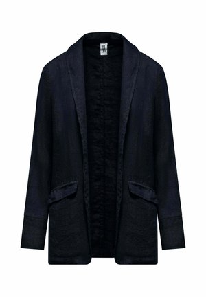 Donkerblauwe blazer met open voorkant, lange mouwen en twee klepzakken aan de voorkant, gemaakt van gestructureerde stof.