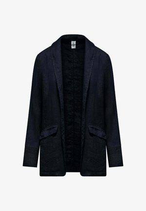 Donkerblauwe blazer met open voorkant, lange mouwen en twee klepzakken aan de voorkant, gemaakt van gestructureerde stof.