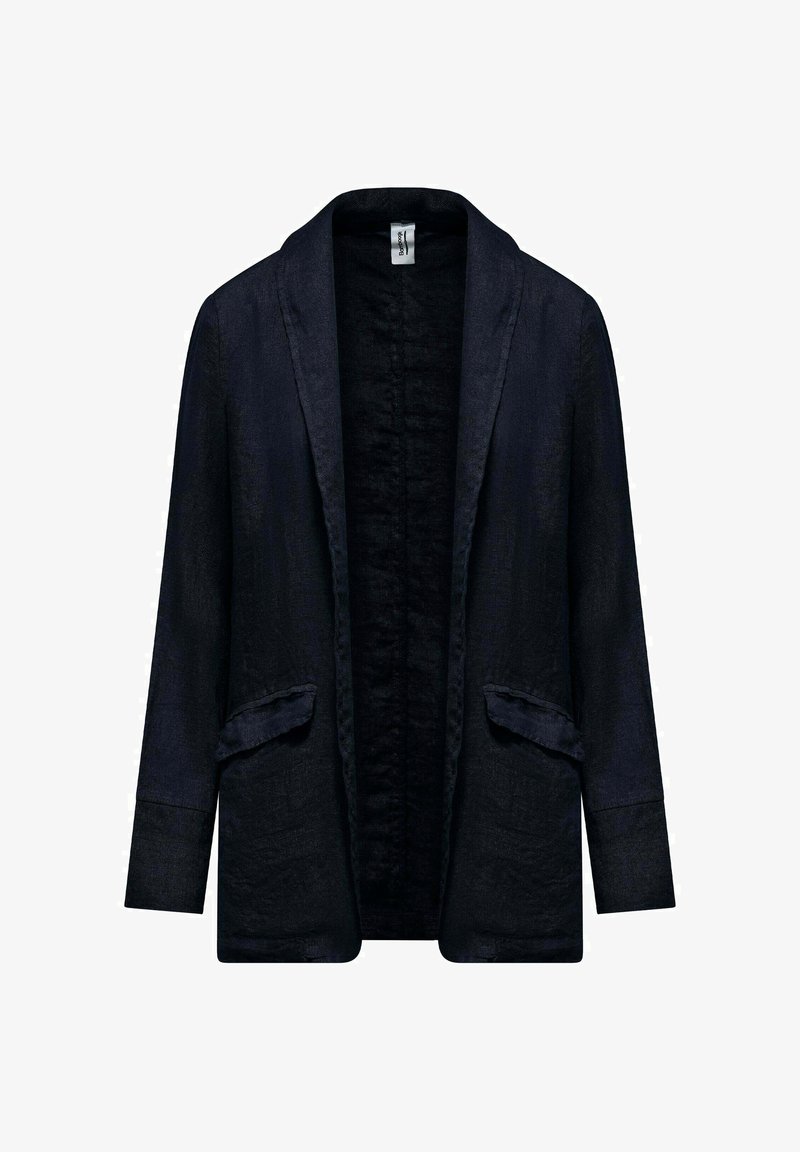 Donkerblauwe blazer met open voorkant, lange mouwen en twee klepzakken aan de voorkant, gemaakt van gestructureerde stof.