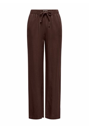 Pruunid lõdvalt istuvad püksid elastse vöökohaga ja reguleeritava paelaga, sirged sääred ja lihtne disain.