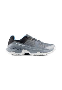 Graue Wanderschuhe mit einem Mesh-Obermaterial und einer strukturierten Oberfläche, verstärkter Zehenkappe und einer weißen Gummisohle mit multidirektionalen Stollen.