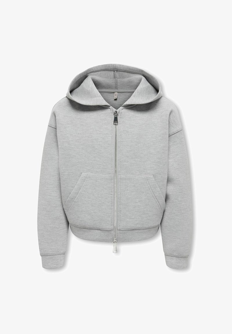 Sweat à capuche zippé gris clair avec poches avant et manches longues, présenté sur fond blanc.
