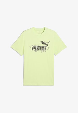 Neona dzeltena īsroku krekls no kokvilnas. Uz tā ir pelēks Puma logo ar lēcienā esoša pumā attēlu teksturēta fona priekšā.