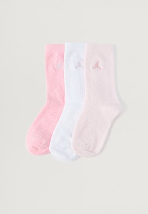 Trīs pāri potīšu zeķu, mīksta tekstūra, ar gaiši rozā, baltu un pasteļrozā krāsām, ar maziem izšūtiem logo.
