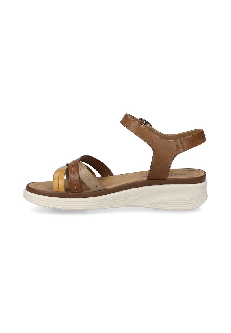 Brown and tan leather sandals with an open toe, cross straps, and an ankle strap. Features a white textured sole for added support.
