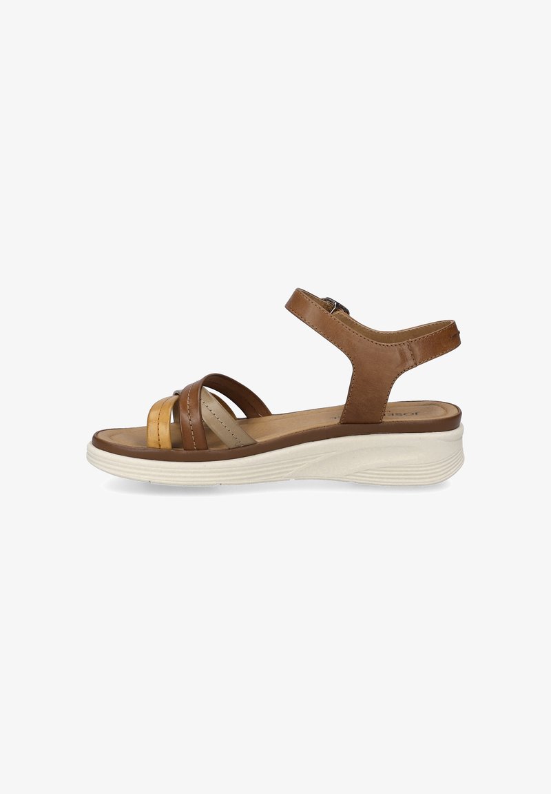 Brown and tan leather sandals with an open toe, cross straps, and an ankle strap. Features a white textured sole for added support.