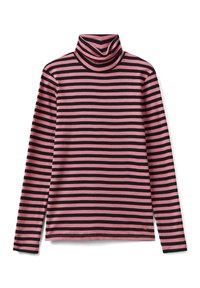 Långärmad polotröja med svarta och rosa horisontella ränder. Tillverkad av mjukt material, med hög krage och rundad fåll.