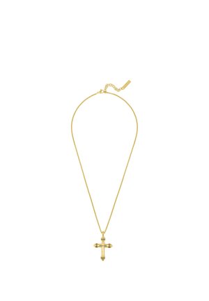 Gold chain necklace with a gold cross pendant featuring black and white decorative bands and the word "POLICE" engraved on it.