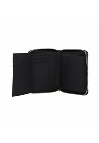 Portafoglio in pelle nera con chiusura a zip, dotato di diversi scomparti per carte e un comparto aperto. Texture liscia e design minimalista.
