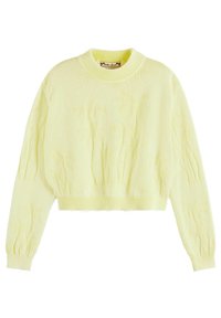 Suéter de punto amarillo con un diseño cropped, que presenta un patrón texturizado de palmeras, con cuello, puños y bajo acanalados. Tejido suave.