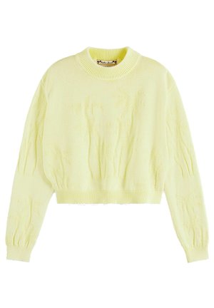 Gul strikket sweater med et cropped design, der har et tekstureret palmetræsmønster, ribbede kanter ved krave, ærmer og bund. Blødt stof.
