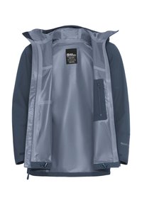 Giacca impermeabile di colore blu scuro con un rivestimento interno liscio e lucido. Presenta polsini regolabili, una tasca con zip e un cappuccio.