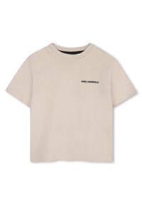 Beige cropped t-shirt van zachte katoen, met een ronde hals, korte mouwen en een zwart logo op de linkerborst.