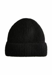 Schwarze gestrickte Mütze mit geribbelter Textur und umgeschlagenem Saum. Hergestellt aus warmem Material, hat sie eine runde Oberseite und ein nahtloses Design.